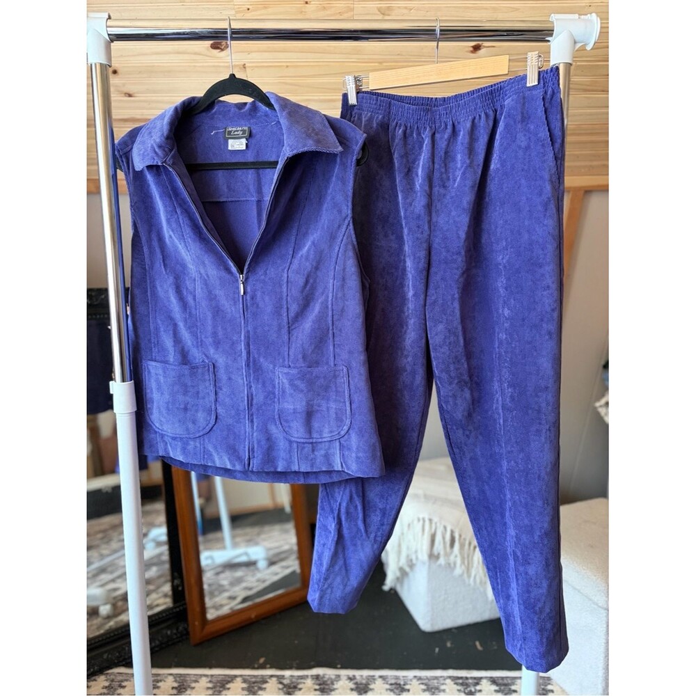VTG Southern Lady Women's Purple Velour Outfit Bundle Zip Vest & Pants Set M